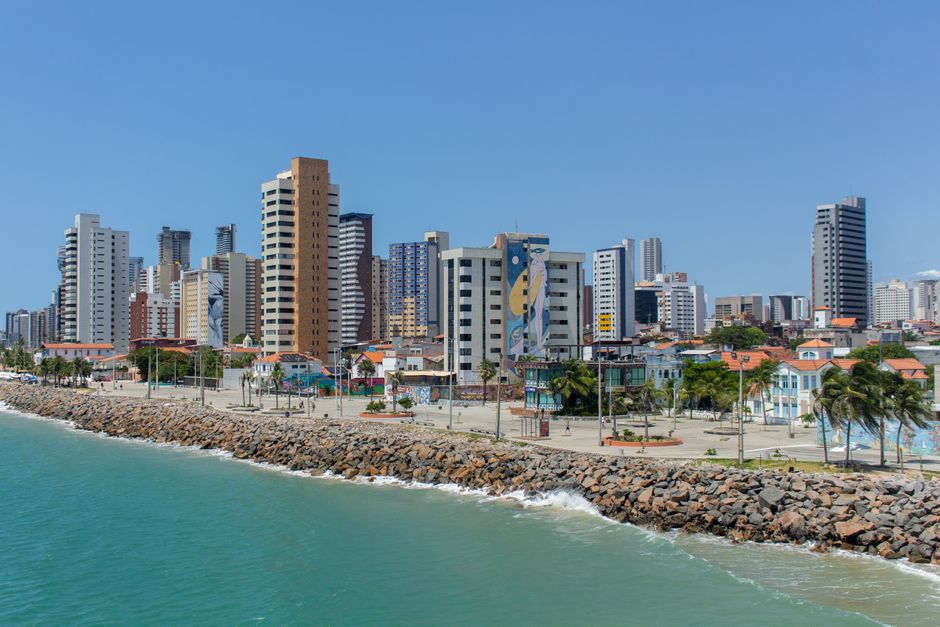 Scenic view of Fortaleza's coastal skyline in Ceará, Brazil with tall modern buildings.