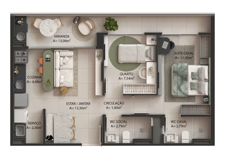 Planta Reserva São Marcos – 67,48 m² a 68,75 m²